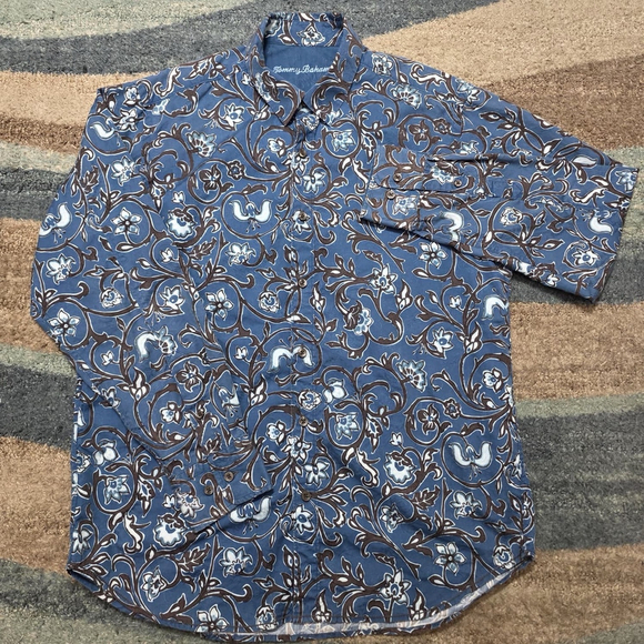 Tommy Bahama Silk Cotton Shirt Mens M Blue Brown Floral Paisley Long Sleeve - Picture 3 of 10